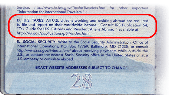 Image showing text in US Passport about Tax filing obligations. 