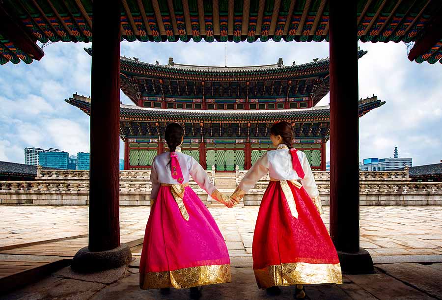 Two Korean American women in Traditional Hanbok garments in South Korea