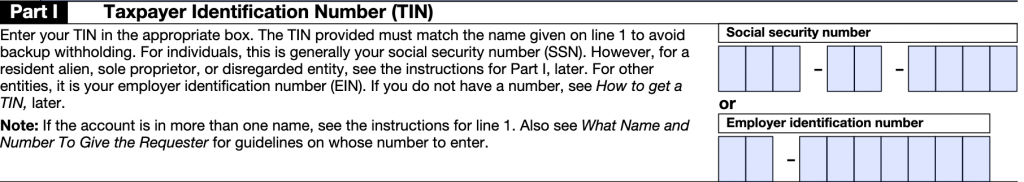 Part 1 w-9 form - taxpayer identification number