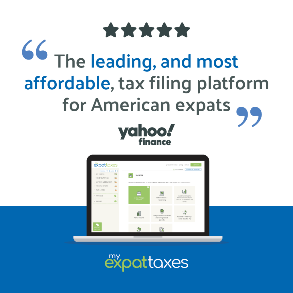 Inphographic Showing MyExpatTaxes as the Best US Expat Tax Software quoted by Yahoo! Finance.