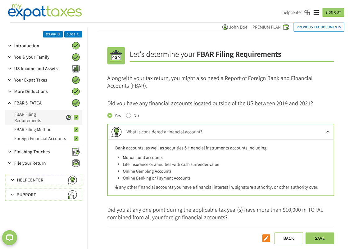 MyExpatTaxes Expat Tax Software FBAR Screenshot
