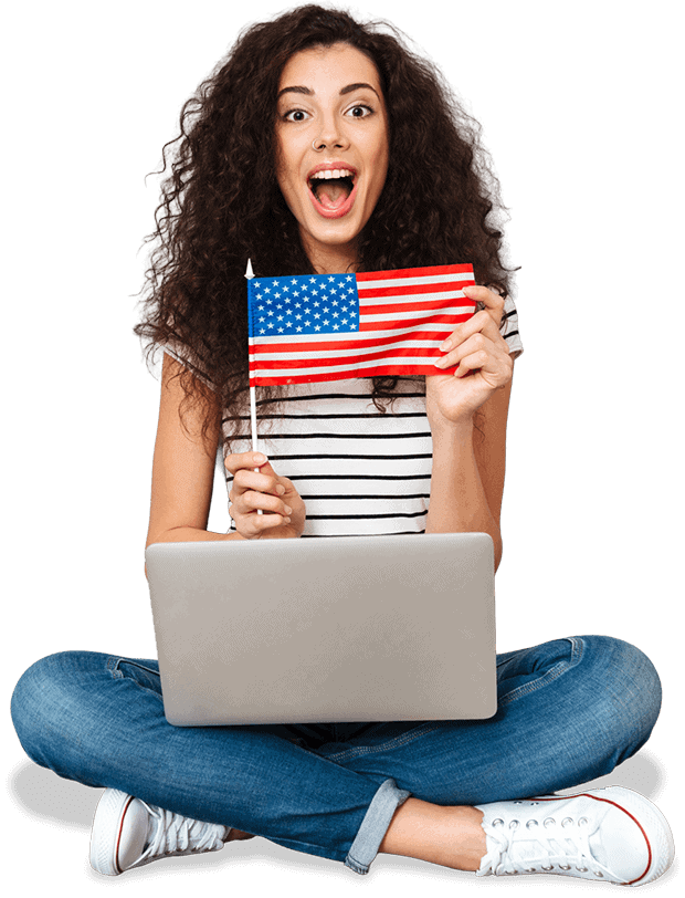 Attractive woman with silver computer and American flag